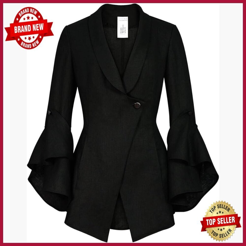 Linen Blazer with Flared Sleeves, Button Front, Side Pockets